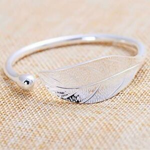 Silver Woman Cuff Bracelet Open Leaf Adjustable Charm Bangle